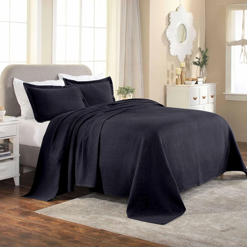Superior 100% Cotton Basket Weave Bedspread with Shams, All-Season Premium Cotton Matelasse Jacquard Bedding, Quilted-Look Geometric Basket, King, Navy Blue