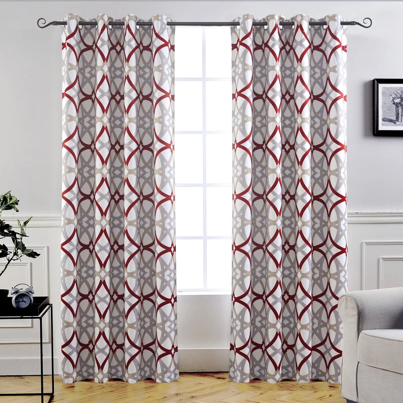 DriftAway Alexander Thermal (Black) Out Grommet Unlined Window Curtains Spiral Geo Trellis Pattern Set of 2 Panels Each Size 52 Inch by 84 Inch (Red and Gray) - Image 1