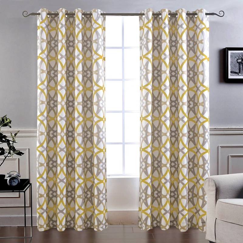DriftAway Alexander Thermal (Black) out Grommet Unlined Window Curtains Spiral Geo Trellis Pattern Set of 2 Panels Each Size 52 Inch by 84 Inch Golden (Yellow and Gray) - Image 1