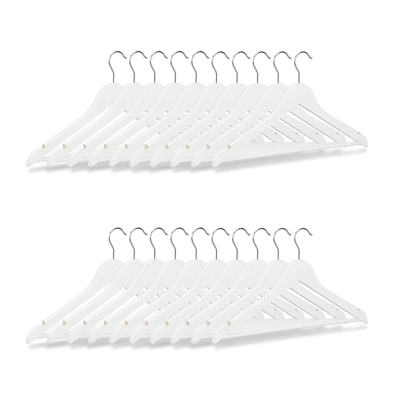 Relaxdays Wooden Coat Hanger Set, Pack of 20 Clothes Hangers for Trousers and Shirts, H x W x D: 23 x 44 x 1 cm, White