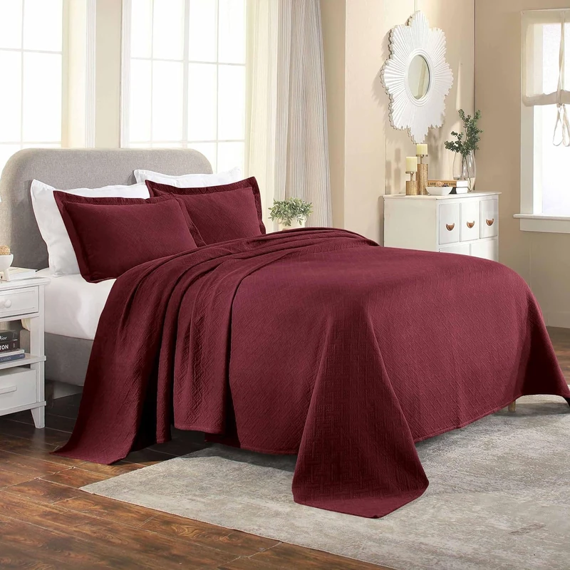Superior 100% Cotton Basket Weave Bedspread with Shams, All-Season Premium Cotton Matelasse Jacquard Bedding, Quilted-Look Geometric Basket, Full, Garnet