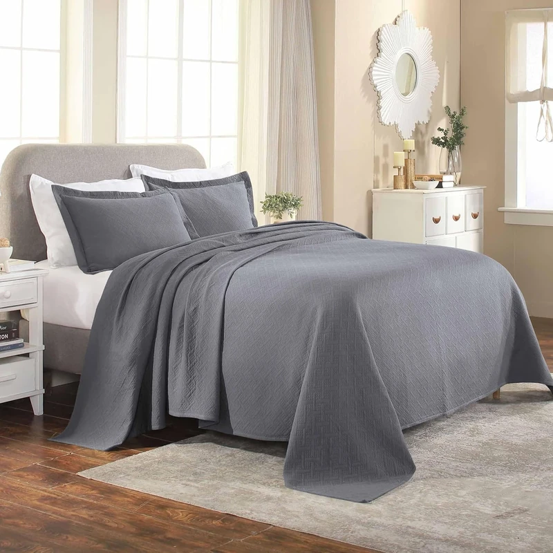 SUPERIOR Bedspread with Pillow Shams, Cotton, Silver, Full