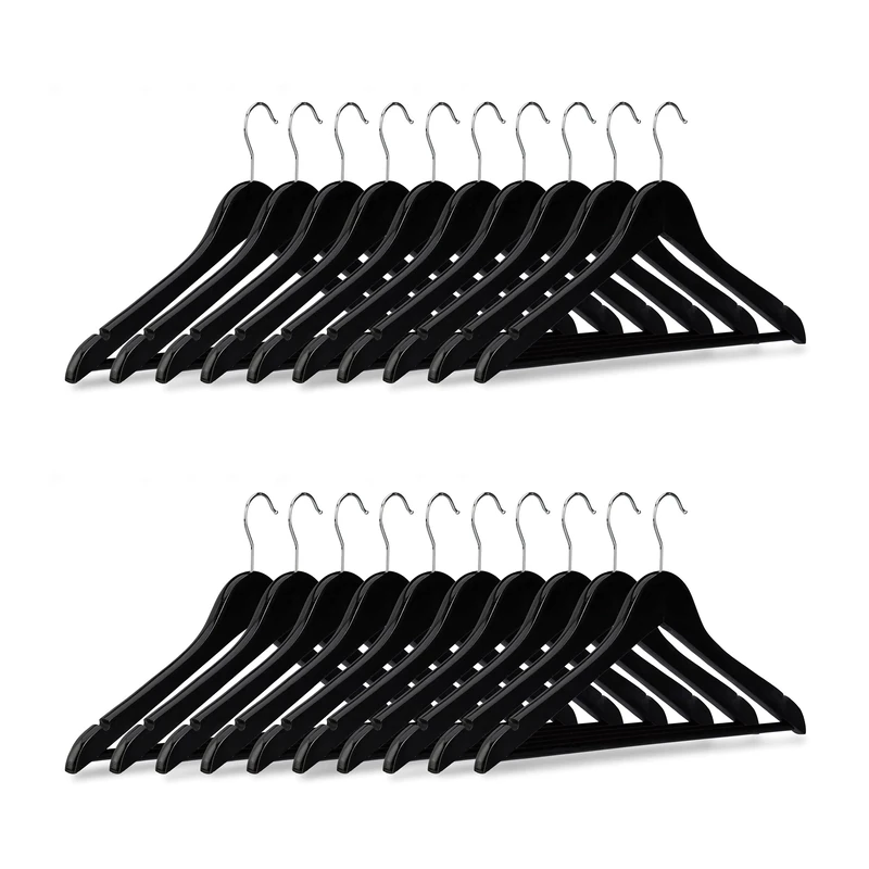 Relaxdays Wooden Coat Hanger Set, Pack of 20 Clothes Hangers for Trousers and Shirts, H x W x D: 23 x 44 x 1 cm, Black