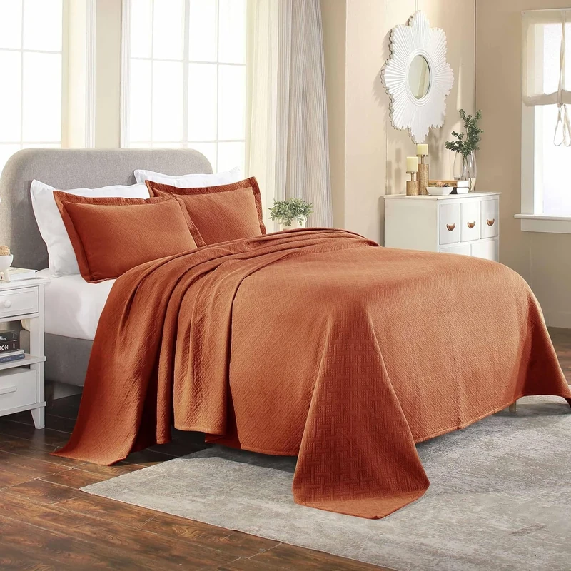 Superior 100% Cotton Basket Weave Bedspread with Shams, All-Season Premium Cotton Matelasse Jacquard Bedding, Quilted-Look Geometric Basket, King, Mandarin