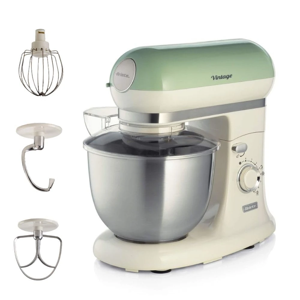 Ariete Vintage 8804 Stand Mixer Food Processor, 1200W, 5.5 Litre Stainless Steel Bowl, Planetary Motion, 7 Speeds + Pulse, Anti Splash Cover, Green