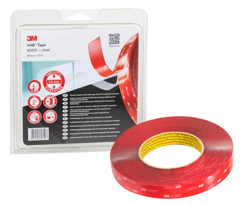 3M VHB 4910F Double Sided Adhesive Tape - Clear construction allowing joining of transparent material and virtually invisible bondline - 19mm x 11m, Thickness 1.0mm, Clear (1 Roll)