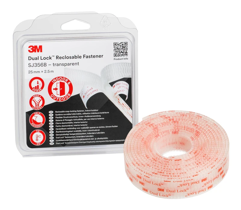 3M Dual Lock Reclosable Fastener SJ356B - designed to give a translucent appearance (glass, acryl glass (PMMA), polycarbonate) - 25mm x 2.5m, engaged thickness 5.7mm, translucent (1 Blister Pack)
