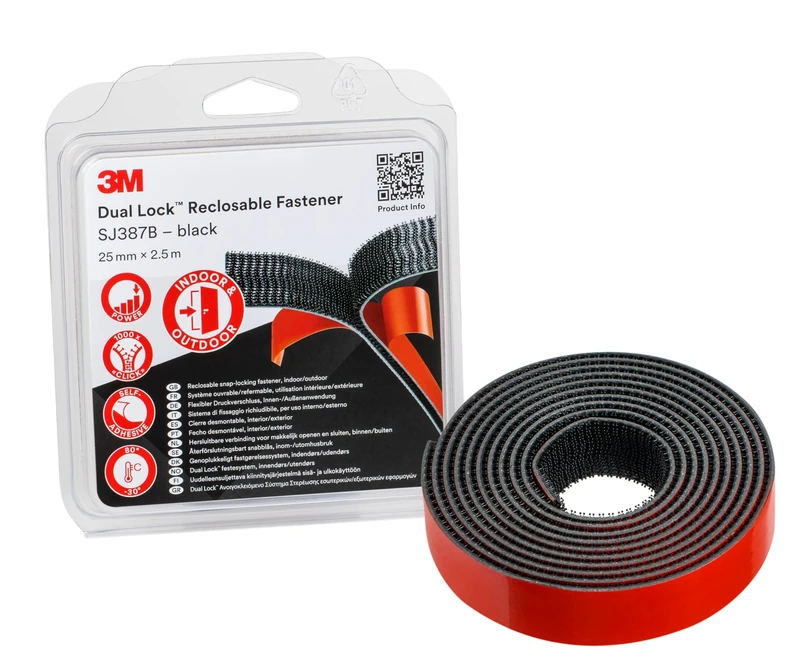 3M Dual Lock Reclosable Fastener SJ387B, Industrial Strength Adhesion to Powder Coated Paints, Metal, Glass, Sealed Wood, Acrylic, Polycarbonate, 25mm x 2.5m, 6.1mm, Black, Mushroom-Shaped, 1 Roll - Image 1