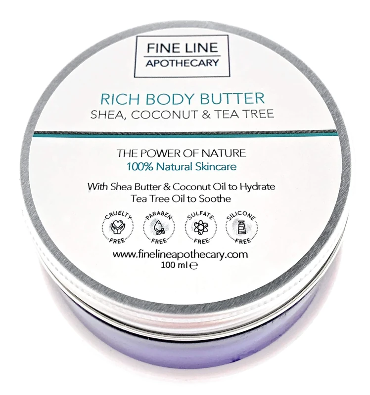 Fine Line Apothecary - 100% Natural Body Butter: Shea, Coconut, Tea Tree Oils. Chemical-free, Conditions, Moisturises, Nourishes Skin, Scalp, Hair, Nails. 100ml