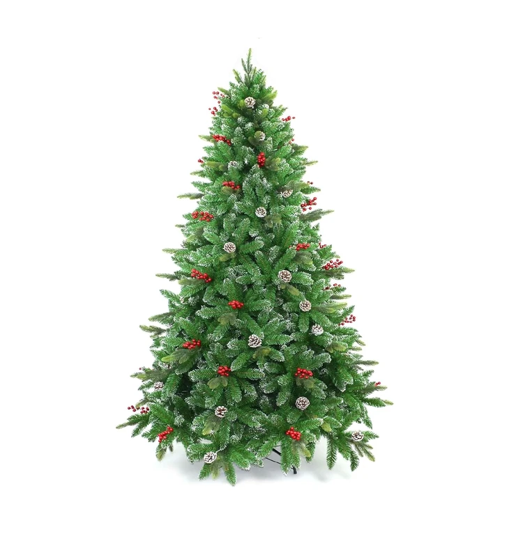 6ft/180cm Snowy Tips Artificial Christmas Tree with Berries, Frosted Cones, Stockholm Pine Luxury Natural Looking Flocked Tips, Hinged Bushy Branches, Metal Stand - Xmas Home Holiday Decorations