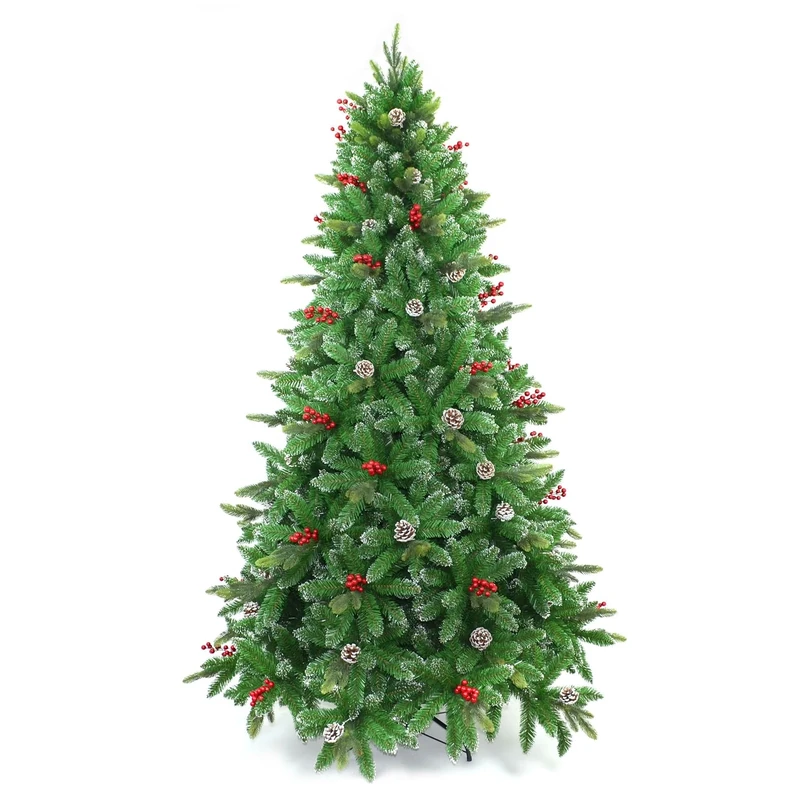 7ft/210cm Snowy Tips Artificial Christmas Tree with Berries, Frosted Cones, Stockholm Pine Luxury Natural Looking Flocked Tips, Hinged Bushy Branches, Metal Stand - Xmas Home Holiday Decorations