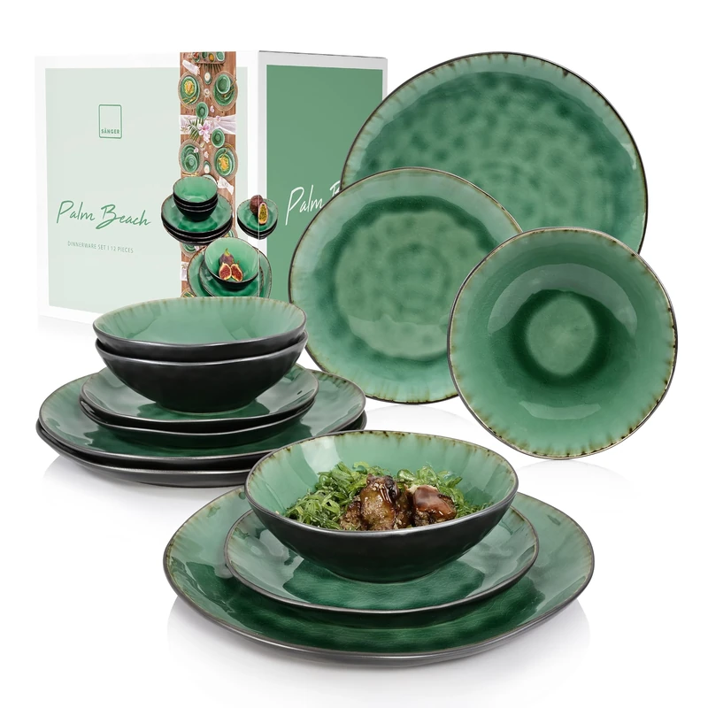 Sänger Porcelain Dinnerware Palm Beach 12 Pieces | Bowl Capacity 550 ml | Dinner Service with Brittle Lacquer Effect consisting of Dining Plates, Dessert Plates and Bowls in a Vintage Look