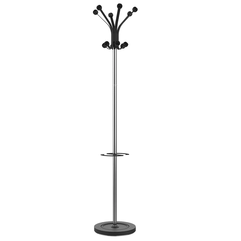 UNILUX Hakea Coat Stand Chrome-Plated Steel and Black Plastic with 12 Round Clothes Hooks and Adjustable Umbrella Stand 176 cm High