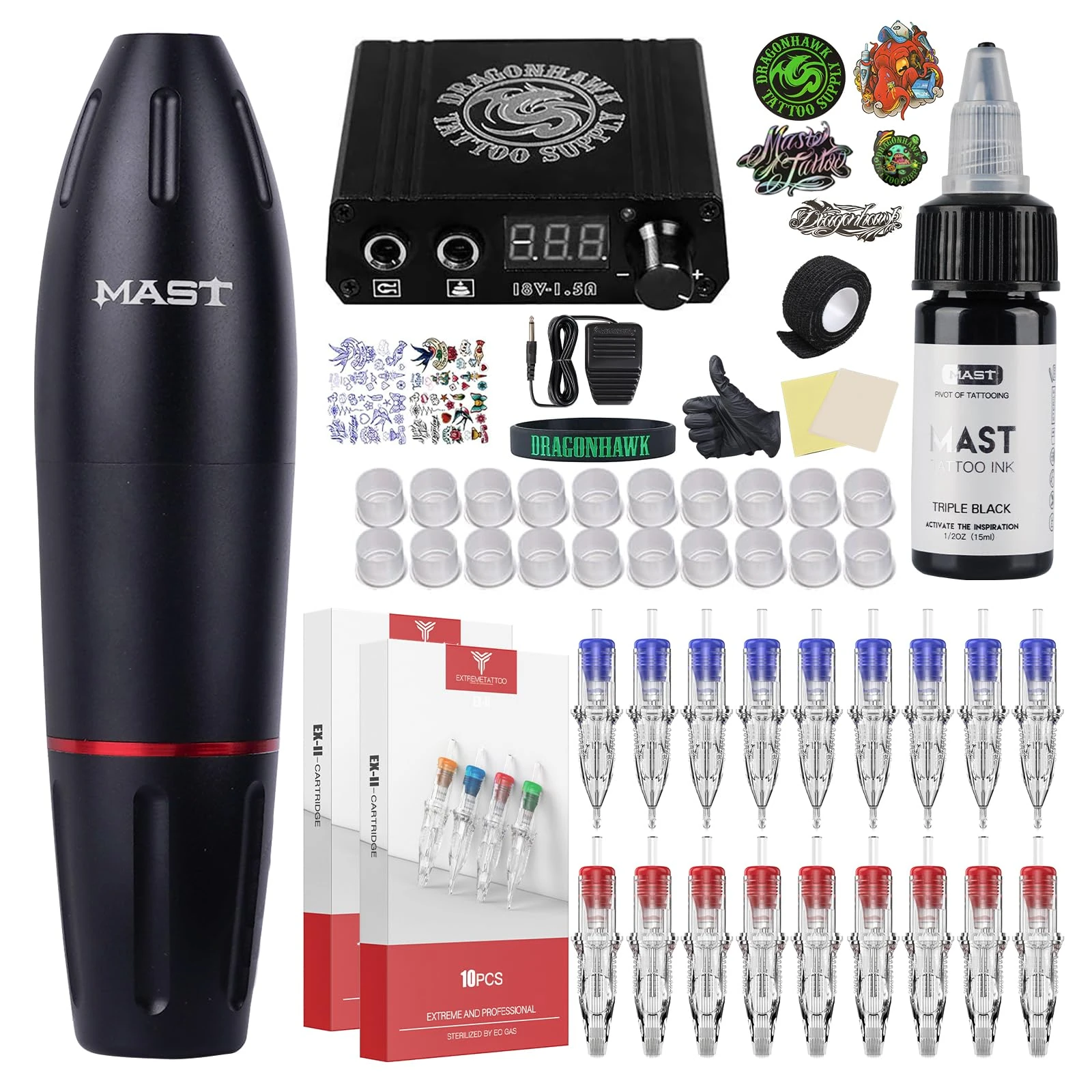 Dragonhawk Mast Pen Rotary Tattoo Machine Power Supply Extreme Cartridges Foot Pedal Gift Box 1013-10