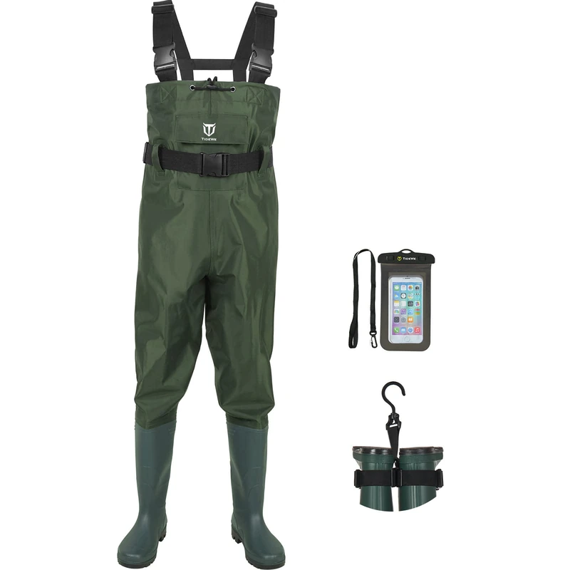TideWe Bootfoot Chest Wader, 2-Ply Nylon/PVC Waterproof Fishing & Hunting Waders with Boot Hanger for Men and Women Green Size 11