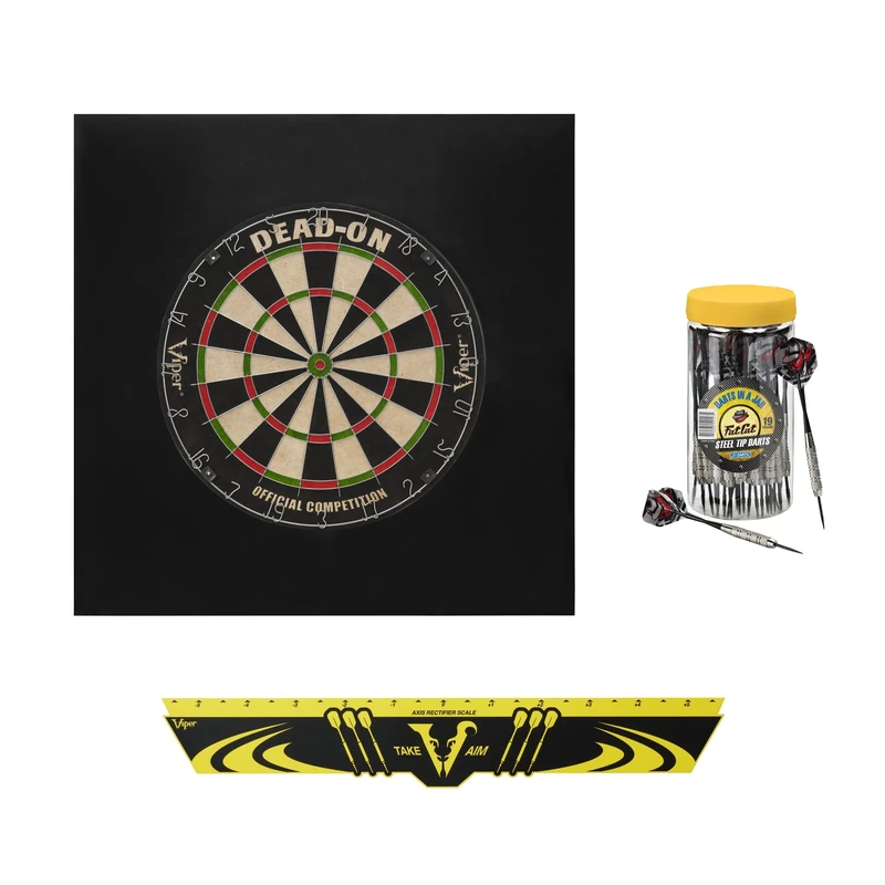 Viper Defender II Backboard & Sisal/Bristle Steel Tip Dartboard Bundle: Premium Set (Dead On Dartboard, Defender II Backboard, Edge Throw Line, 21pc Jar of Darts)