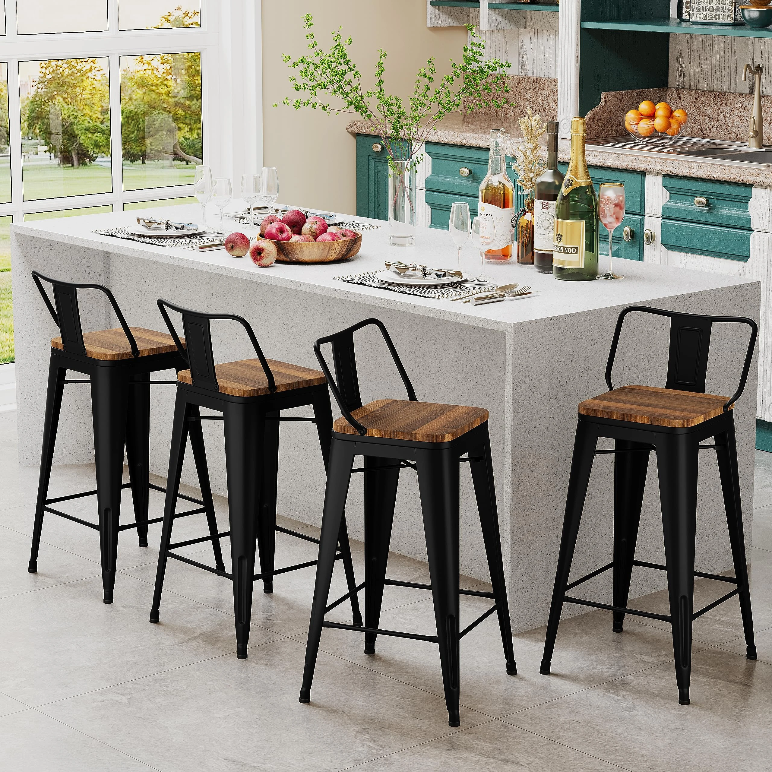 Andeworld Tolix-Style Counter Height Bar Stools Industrial Metal Bar Stools Indoor-Outdoor, 24 Inch Low Back Mattee Black With Wooden Top