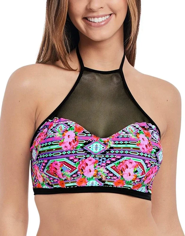 Freya Womens Texas Rose Underwire High Neck Bikini Crop Top, 30F, Rebel Pink