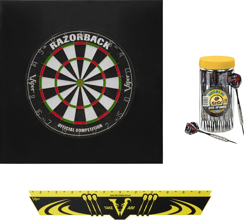 Viper Defender II Backboard & Sisal/Bristle Steel Tip Dartboard Bundle: Elite Set (Razorback Dartboard, Defender II Backboard, Edge Throw Line, 21pc Jar of Darts)