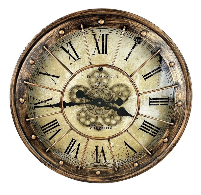 Sassy Home CA008 Brass Effect Barrel Top Rustic Round Mechanical Gear Moving Motion Wall Clock, one Colour, 60 x 6 x 60cm - Image 1