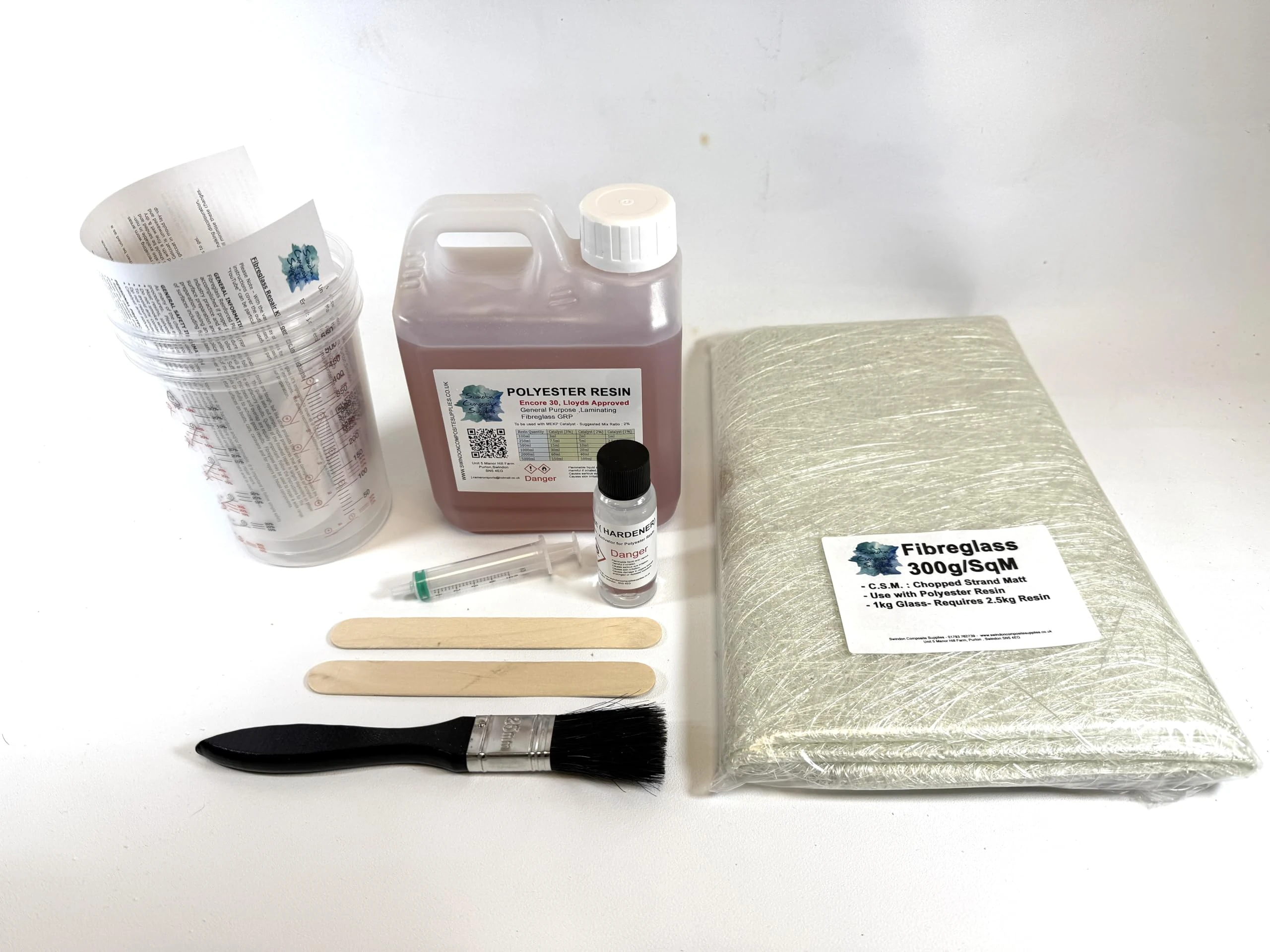 Swindon Composite Supplies : Fibreglass Repair Kit - Polyester Resin 1.0kg - 1 Sq M of Fibreglass Matt, Lloyds Approved