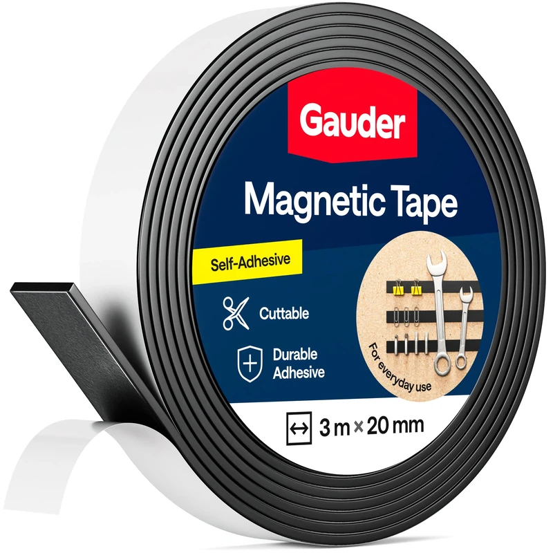 GAUDER Magnetic Tape Self-Adhesive Strong - Cuttable Magnet Strip with High Magnetic Strength - Sticky Magnet Tape with Strong Adhesive (3 m x 20 mm)
