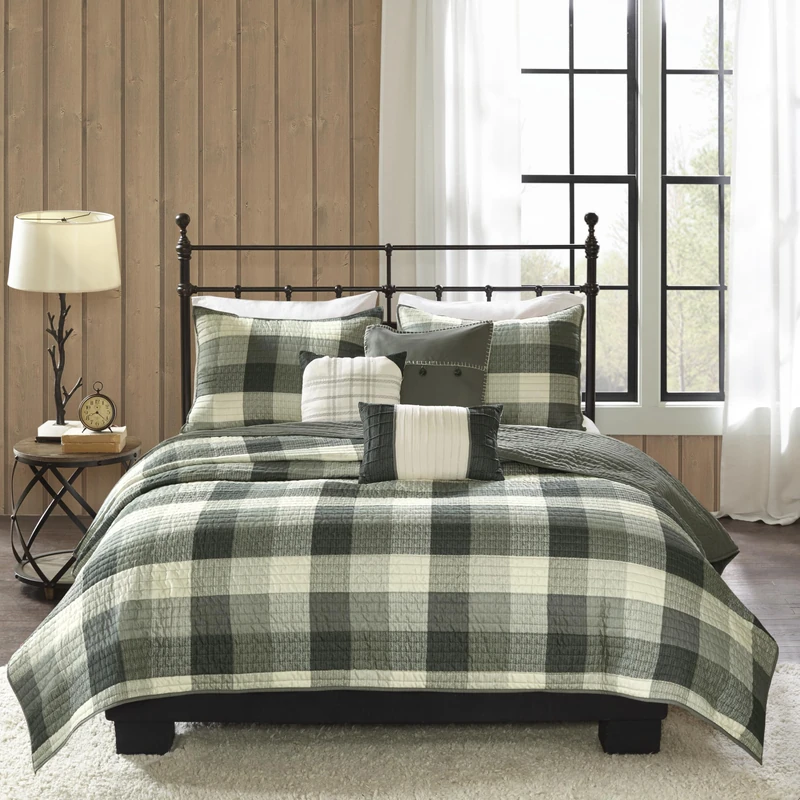 Madison Park Ridge Full/Queen Size Quilt Bedding Set - Grey, Plaid – 6 Piece Bedding Quilt Coverlets – Ultra Soft Microfiber Bed Quilts Quilted Coverlet