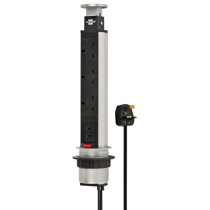 Brennenstuhl Tower Power, table power strip 3-way (retractable power strip, 2x USB, 2m cable, completely retractable into table top) silver/black
