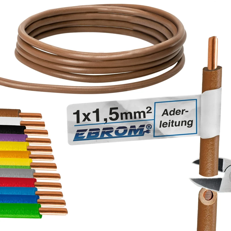EBROM Core cable, single core rigid, PVC cable, wiring cable, H07V-U 1.5 mm², 1.5 mm², colour: brown, various lengths available, from 10 m to 100 m, your selected length: 100 m