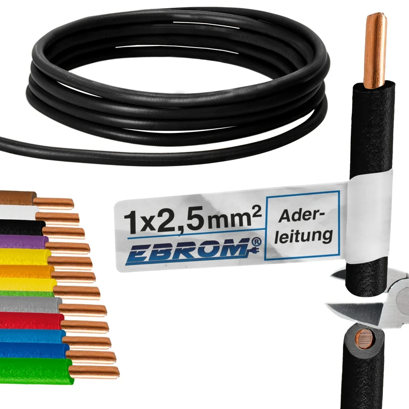 EBROM Core cable, single core rigid, PVC cable, wiring cable, H07V-U 2.5 mm², 2.5 mm², colour: black, various lengths available, from 10 m to 100 m, your selected length: 100 m