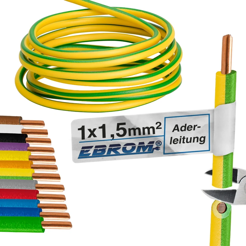 Core cable, single core, rigid, PVC cable, H07V-U 1.5 mm², colour: green, yellow, 10 m/15 m/20 m/25 m/30 m/35 m/40 m/45 m/50 m/55 m/60 m up to 100 m freely selectable