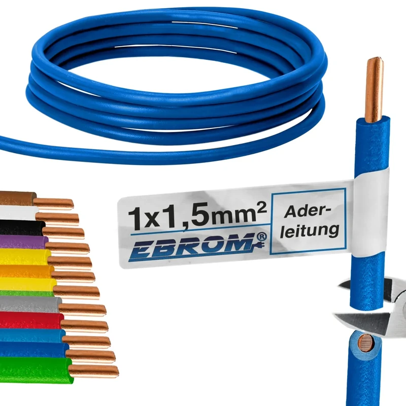 Core cable, single core, rigid, PVC cable, H07V-U 1.5 mm², colour: dark blue, 10 m/15 m/20 m/25 m/30 m/35 m/40 m/45 m/50 m/55 m/60 m up to 100 m freely selectable