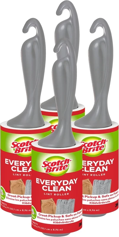 Scotch-Brite Everyday Clean Lint Roller - 4 Rolls (56 Sheets Per Roll, 224 Total Sheets) - Works Great on Pet Hair, Clothing, Furniture and More, Black