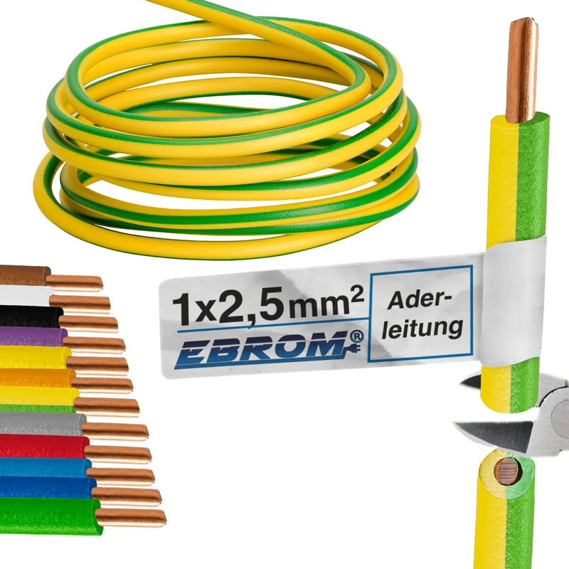 Core cable, single core, rigid, PVC cable, H07V-U 2.5 mm², colour: green, yellow, 10 m/15 m/20 m/25 m/30 m/35 m/40 m/45 m/50 m/55 m/60 m up to 100 m freely selectable