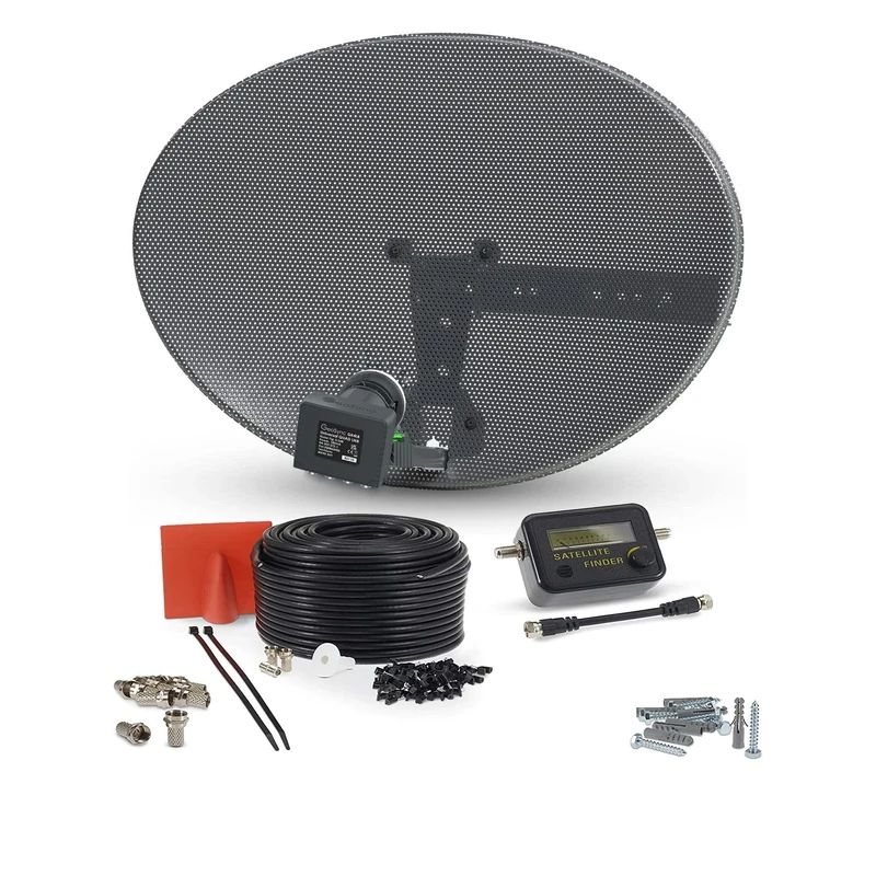 SSL Satellites Zone1 Dish Kit for SKY/Freesat/Astra/Polesat/Hotbird/Full HD, Latest MK4 Dish with Quad LNB, 50M RG6 Black Cable, Signal Finder Satellite TV Finder, Brackets, Bolts, F Connectors