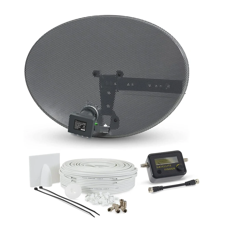 SSL Satellites Zone1 Dish Kit for SKY/Freesat/Astra/Polesat/Hotbird/Full HD, Latest MK4 Dish with Quad LNB, 30M Twin White Cable, Signal Finder Satellite TV Finder, Brackets, Bolts, F Connectors