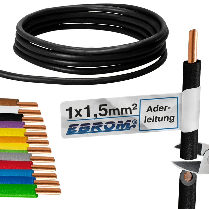 EBROM Core cable, single core rigid, PVC cable, wiring cable, H07V-U 1.5 mm², 1.5 mm², colour: black, various lengths available, from 10 m to 100 m, your selected length: 100 m