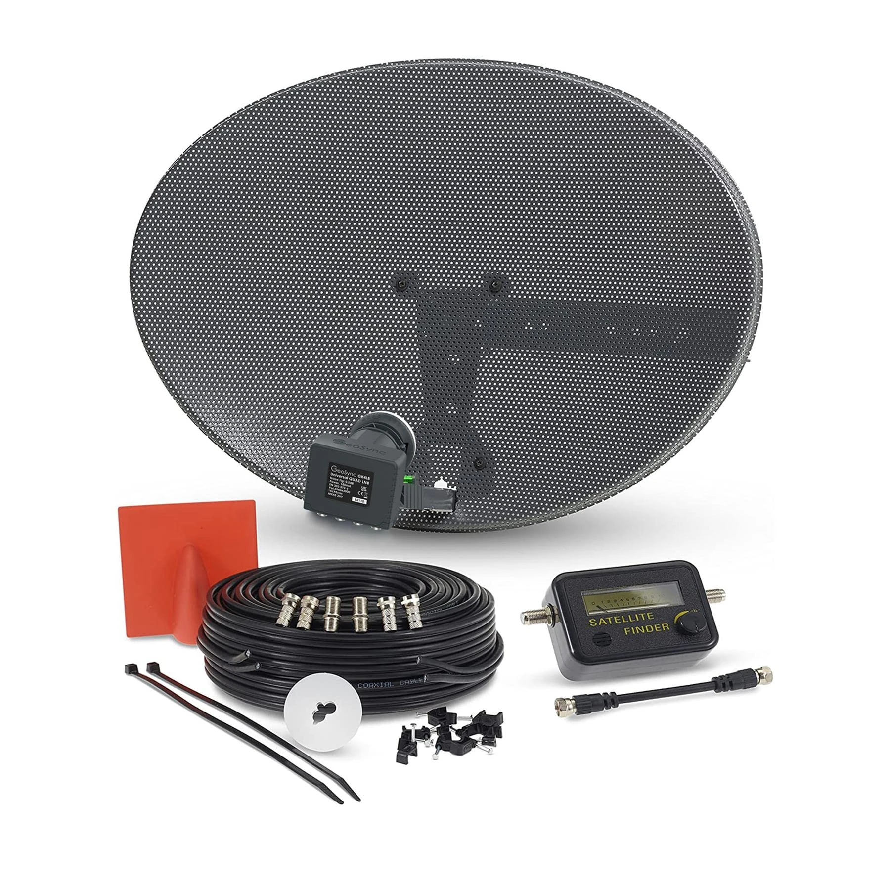 SSL Satellites Zone1 Dish Kit for SKY/Freesat/Astra/Polesat/Hotbird/Full HD, Latest MK4 Dish with Quad LNB, 20M Twin Black Cable, Signal Finder Satellite TV Finder, Brackets, Bolts, F Connectors