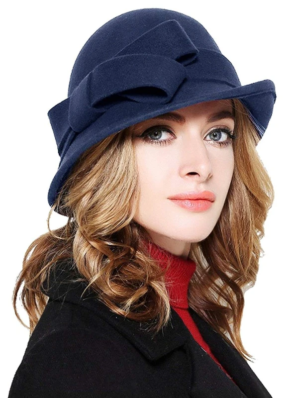 Bellady Women Solid Color Winter Hat 100% Wool Cloche Bucket with Bow Accent, Navy, One Size