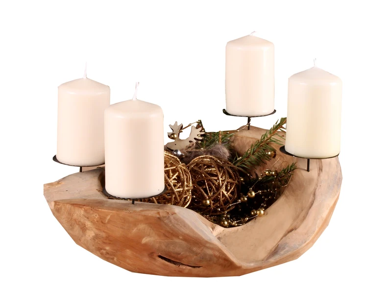 Ambientehome Advent Wreath - Teak Round Advent Bowl, Approx. 20-25cm, Root Tray, Burl Wood, Brown