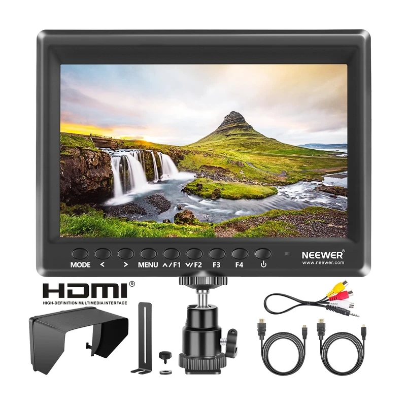 Neewer F100 7inch Camera Field Monitor HD Video Assist IPS 1280x800 HDMI Input 1080p with Sunshade and Ball Head for DSLR Cameras, Handheld Stabilizer, Film Video Making Rig (Battery Not Included)