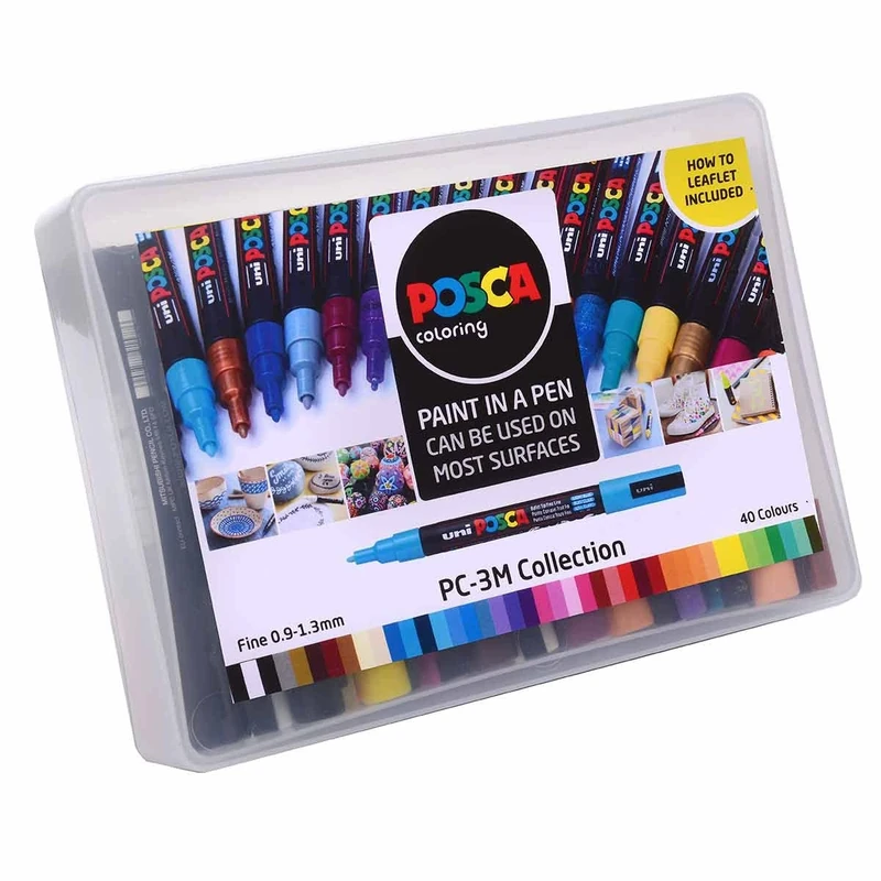 POSCA PC-3M Fine Acrylic Paint Marker Pens, 40 Metallic, Standard & Fluorescent Colours, For All Surfaces (Pack of 40 Pens)
