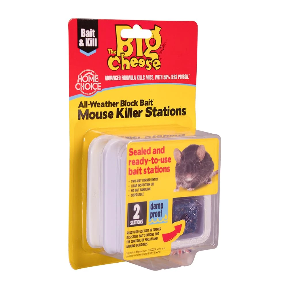The Big Cheese Ready-Baited Mouse Killer Station - Twinpack Kills Mice Sealed, Single Use Ready-To-Use Bait Station Disposable Difenacoum Indoor Use, White