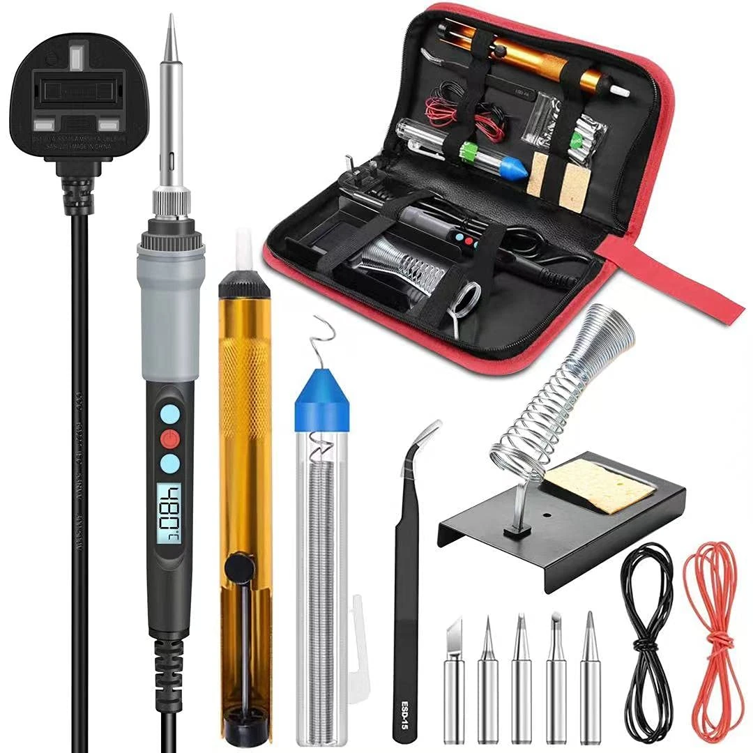 Soldering Iron Kit, 90W Adjustable Temperature Soldering-Iron Gun Kit Welding Tool with 5 Soldering Tips, Desoldering Pump, Tin Wire Tube, Stand, Tweezers