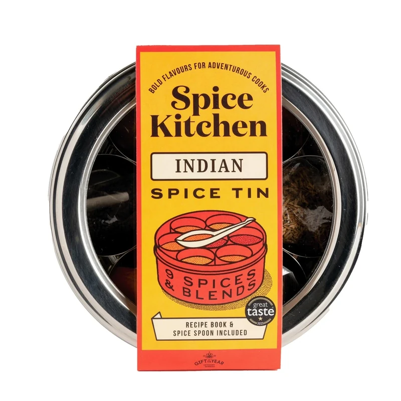 Spice Kitchen Premium Indian Spice Collection, Spice Tin with 9 Cooking Spices including Award-Winning Garam Masala, Stainless Steel storage tin, Indian recipe booklet and Spice serving spoon