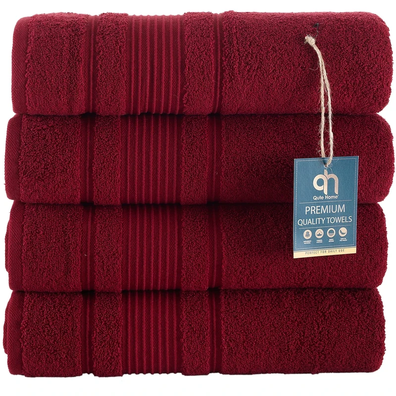 Qute Home 4-Piece Bath Towels Set, 100% Turkish Cotton Premium Quality Towels for Bathroom, Quick Dry Soft and Absorbent Turkish Towel Perfect for Daily Use, Set Includes 4 Bath Towels (Burgundy)