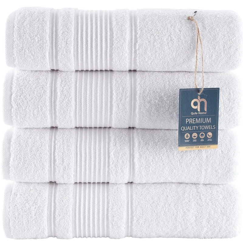 Qute Home 4 PACK Bath Towels Set | Premium Quality Luxury Turkish Cotton Absorbent AND Super Soft - WHITE