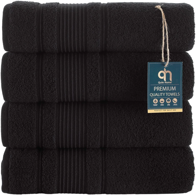 Qute Home 4-Piece Bath Towels Set, 100% Turkish Cotton Premium Quality Towels for Bathroom, Quick Dry Soft and Absorbent Turkish Towel, Set Includes 4 Bath Towels (Black)