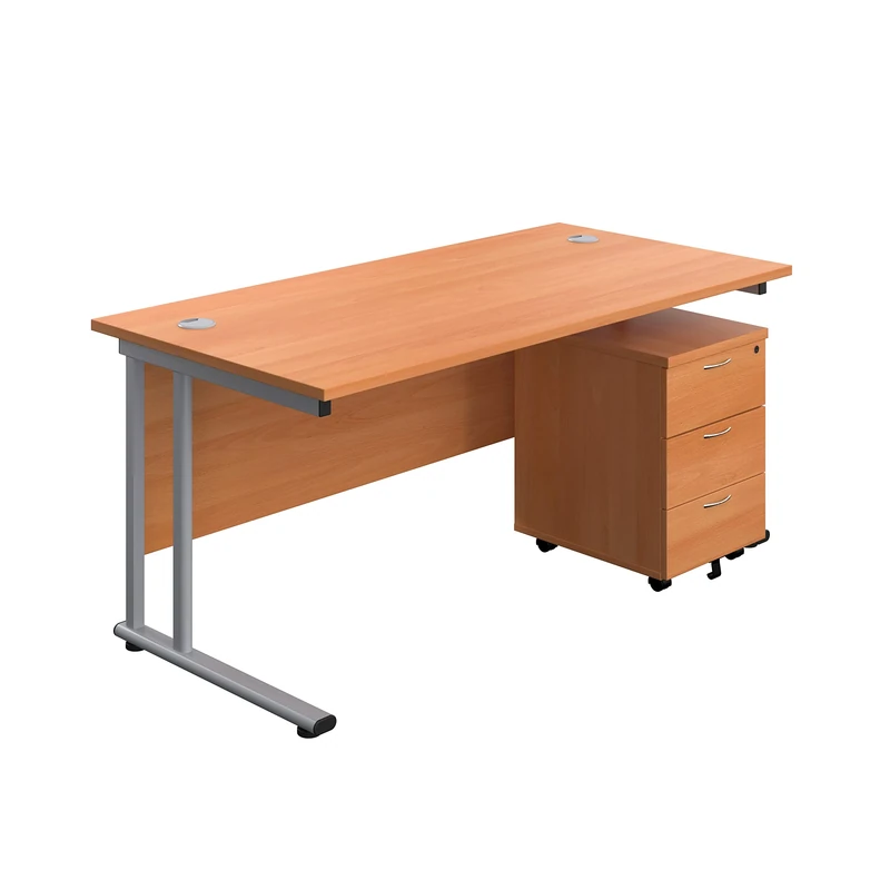 Office Hippo Professional Cantilever Office Desk With 3 Drawer Mobile Pedestal, Wood, Beech, Silver Frame, 180 x 80 x 73 cm