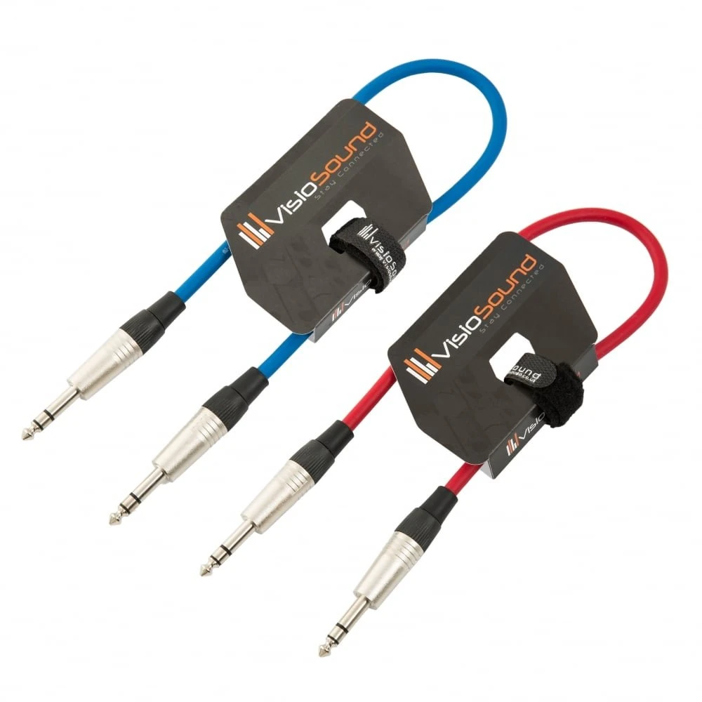 VisioSound 2 x 6.35mm 1/4" Stereo TRS Jack Lead/Balanced Signal Audio Patch Cable / 2 Pack 0.5m Blue/Red